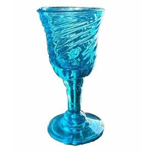 Vintage MCM Cordial Aperitif Swirl Blue Glass Crystal With Stem 4” T X 2 W EUC